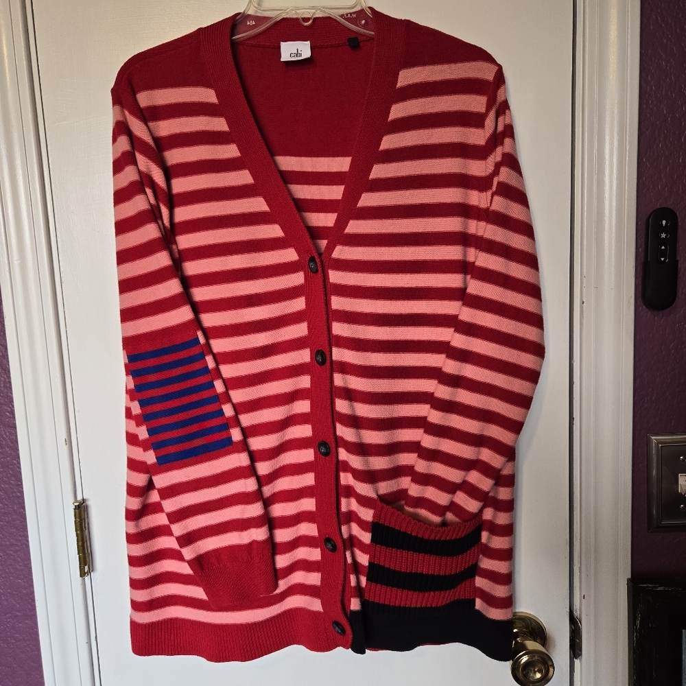 Cabi XL Cranberry Picnic Cardigan Summer Stripe cotton sweater